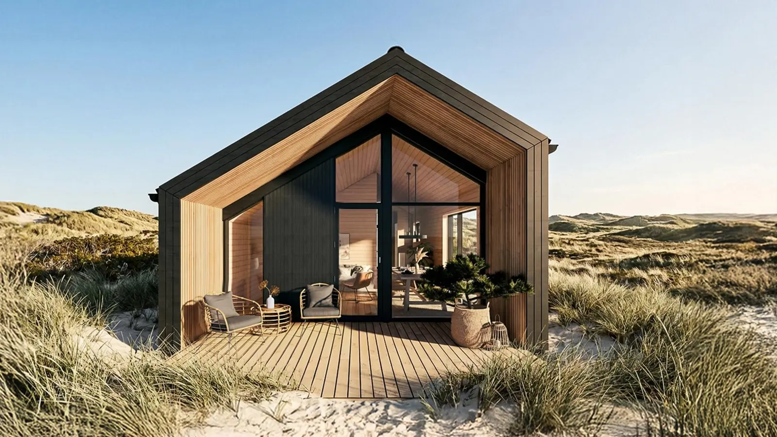 Casa referencial de madera con ventanales, entre dunas