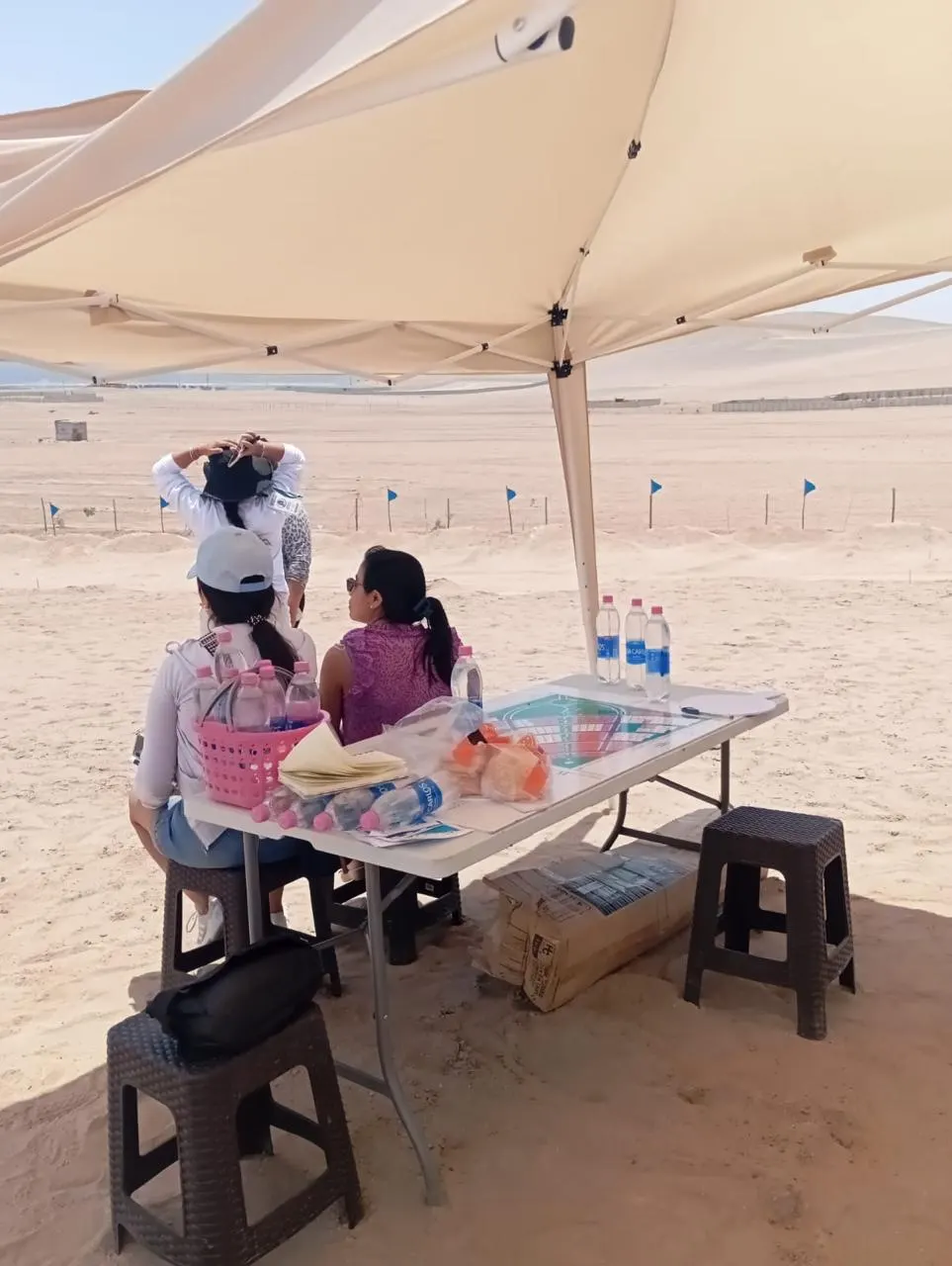 Visitantes en el punto de atención con el terreno al fondo